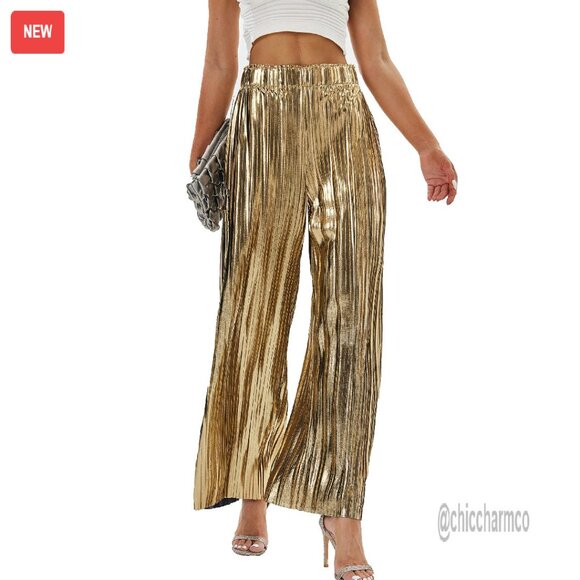 Shiny Pleated Wide Leg Pants High Waist Lightweight Party Clubwear